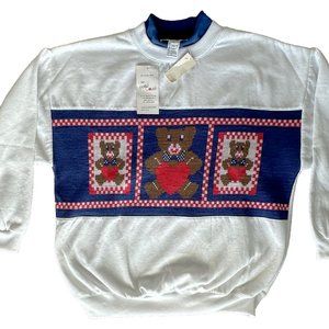 NWT Vintage 90s Pebble Court Womens L Sweatshirt w Knit Heart Teddy Bear Grandma